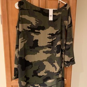 Green camo colored dressy off the shoulder shirt.